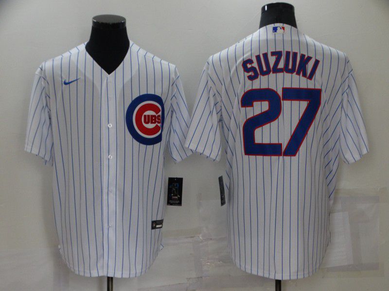 Men Chicago Cubs 27 Suzuki White Strip Game 2022 Nike MLB Jersey